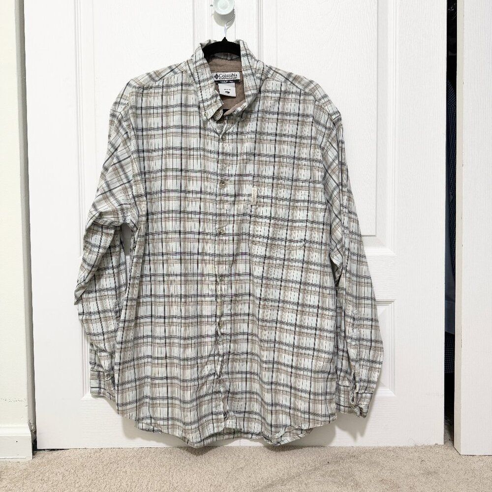 Men Columbia Flannel Button Down Shirt Light Brown White Size Extra Large